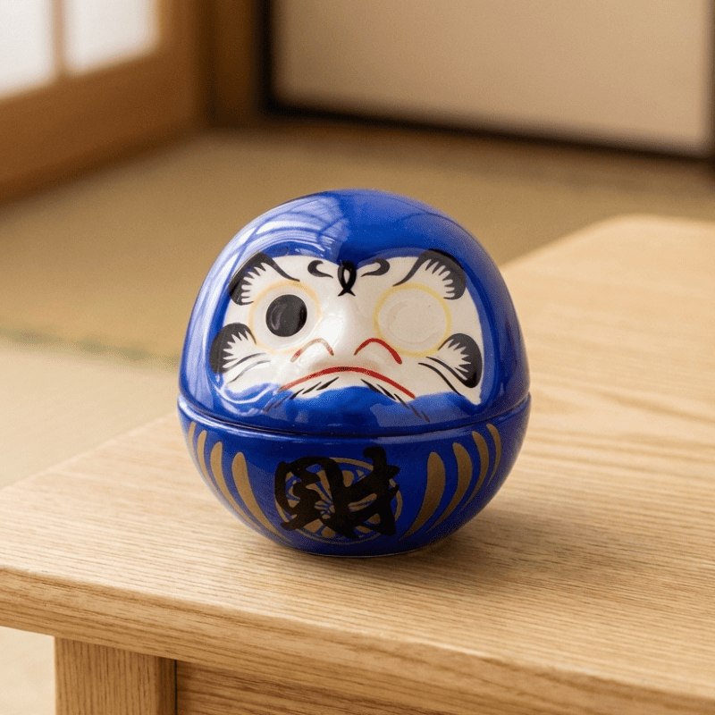 Blue daruma doll with determined expression and gold prosperity kanji displayed on wooden table in warm Japanese interior with natural light