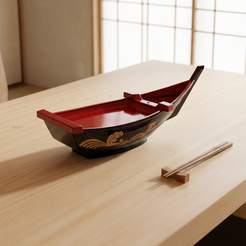 Boat sushi floating curved serving vessel in glossy black with burgundy interior and traditional wave motif