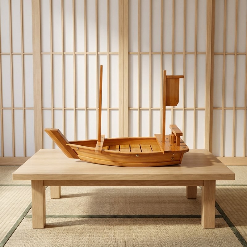 Boat sushi wood natural bamboo construction with tall sail mast on blonde wood coffee table near lattice screen