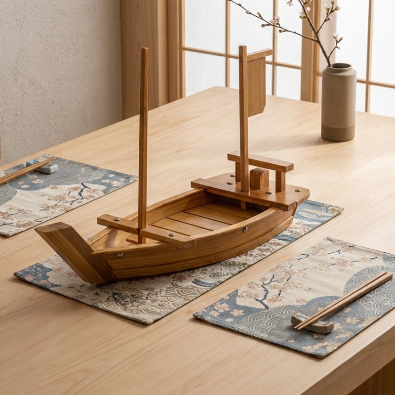 Boat wood sushi handcrafted vessel with mast and cabin detail on dining table with patterned fabric placemats