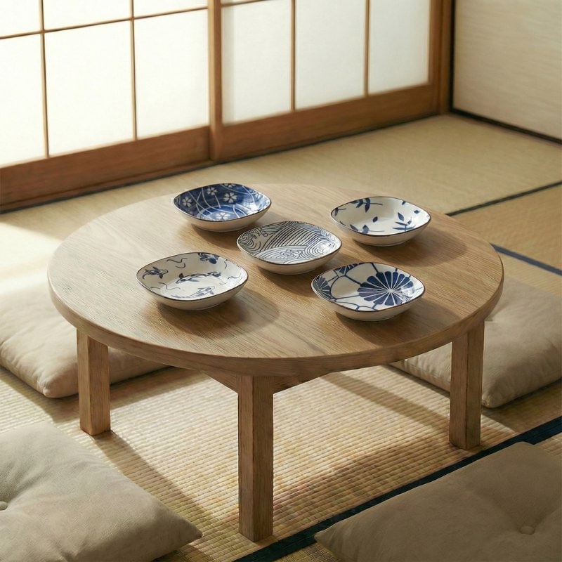 Bowls kobachi collection of five hand-painted ceramic dishes with wave and floral motifs on round wooden table in tatami room