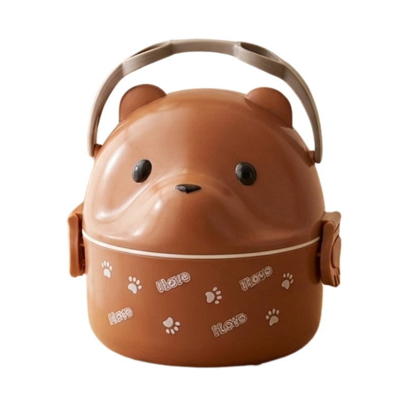 Natural brown kids bento box japanese with gentle bear face and paw print patterns on neutral background