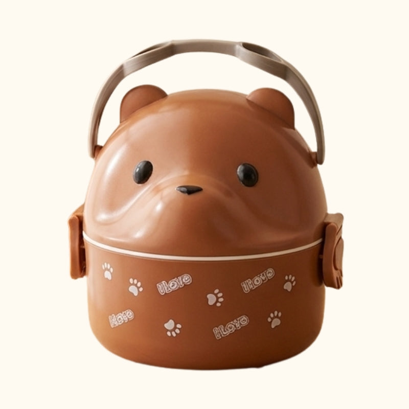 Natural brown kids bento box japanese with gentle bear face and paw print patterns on neutral background