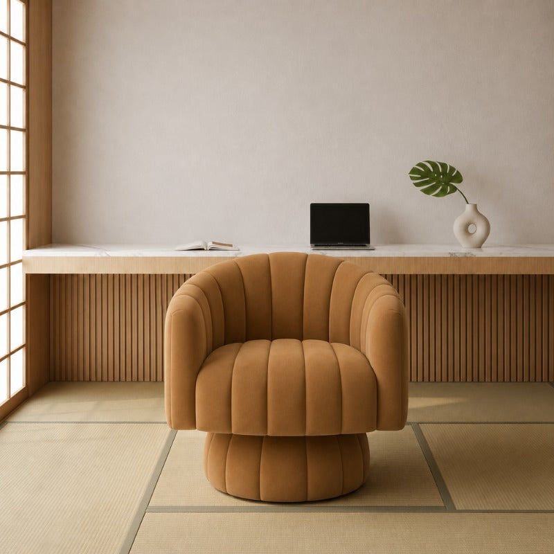 Brown modern Japanese sofa chair in channel tufted velvet positioned on tatami flooring in front of a fluted wood console with laptop and ceramic vase, ribbed sliding door on the left