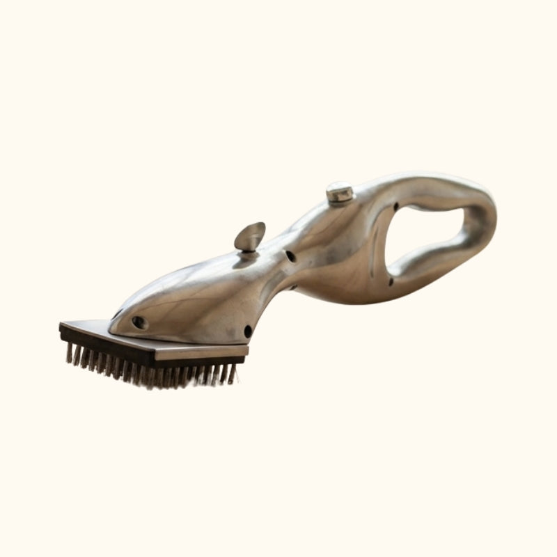 Professional brush grill bbq with ergonomic brushed aluminum handle and stainless steel wire bristles on clean white background