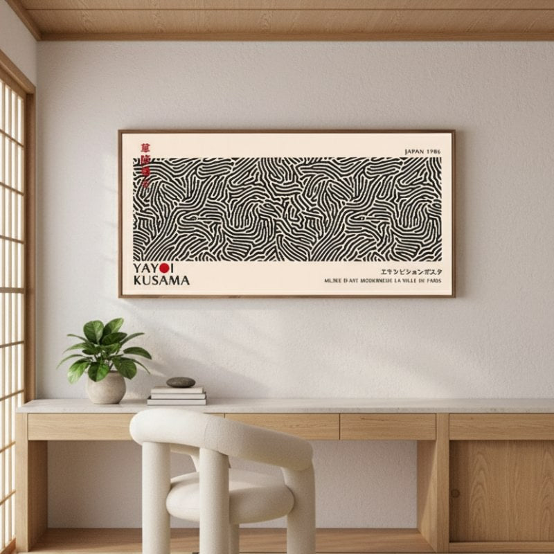 Black and white canvas art japanese with hypnotic wave patterns hanging above wooden desk with plant in traditional room with shoji window