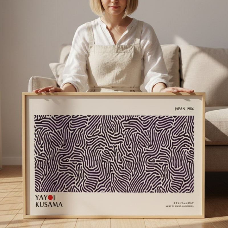 Person holding large framed canvas japanese art featuring Kusama black and white flowing line patterns in neutral minimalist living room