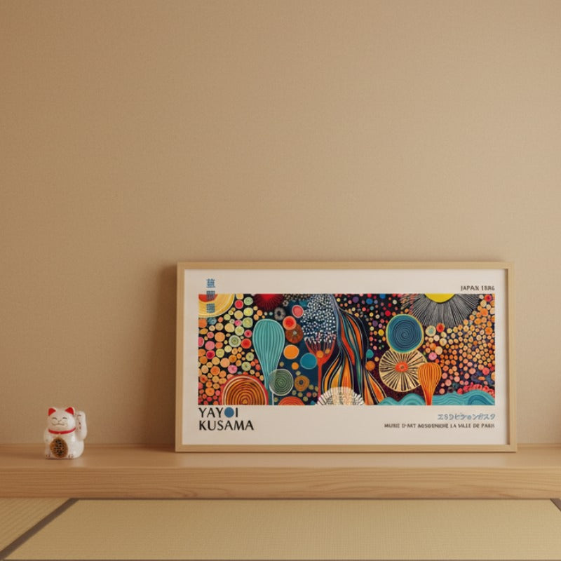 Colorful abstract canvas japanese prints with Kusama patterns displayed on wooden shelf beside maneki neko in minimalist beige interior
