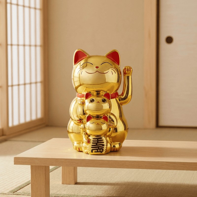 Golden cat gold maneki neko family of three stacked together on wooden table in traditional Japanese interior with shoji window and warm sunlight
