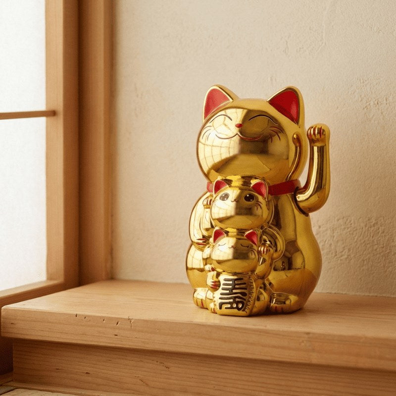 Reflective cat maneki neko gold family stacked on wooden windowsill beside traditional shoji screen catching afternoon sunlight