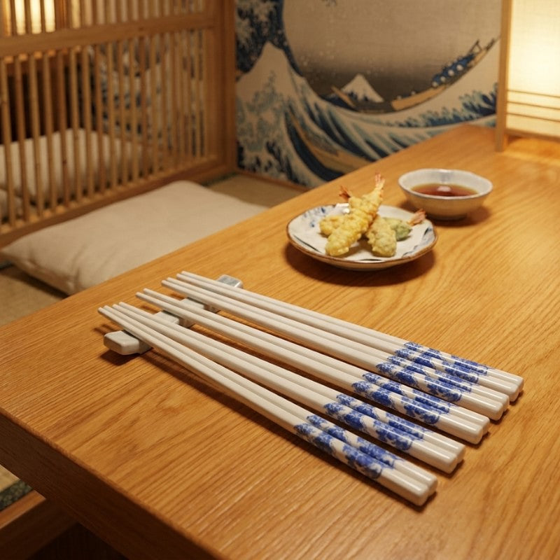 White ceramic chopsticks with flowers blue porcelain pattern laid on a low table in a traditional izakaya with a plate of tempura, soy sauce and a Great Wave mural in the background