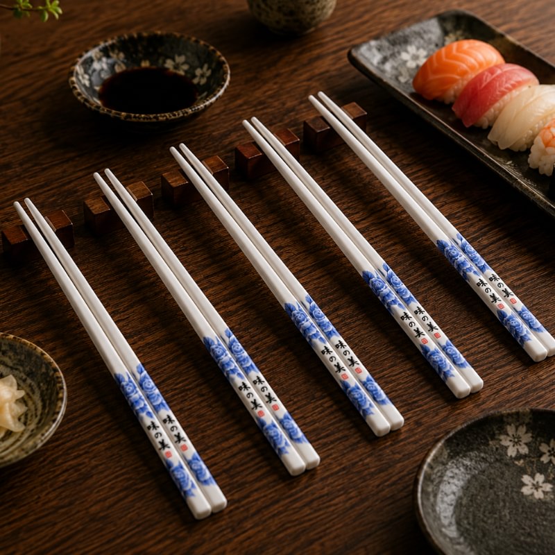 Five pairs of white ceramic chopsticks with blue floral and calligraphy motif displayed on wooden holders alongside sushi nigiri and condiment bowls