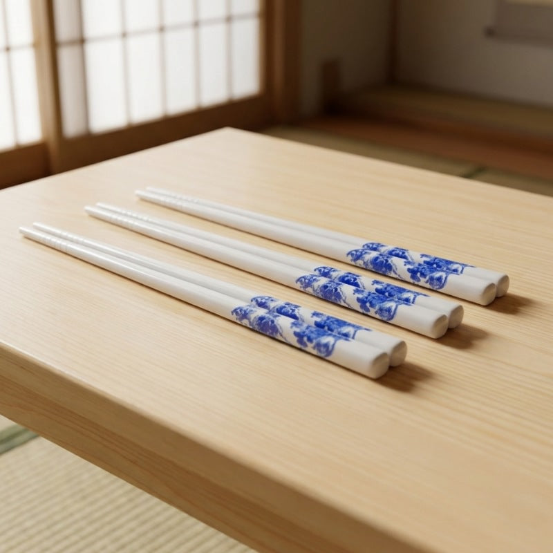 Three pairs of white ceramic chopsticks with blue floral porcelain motif resting on a low wooden table near a shoji screen and tatami floor
