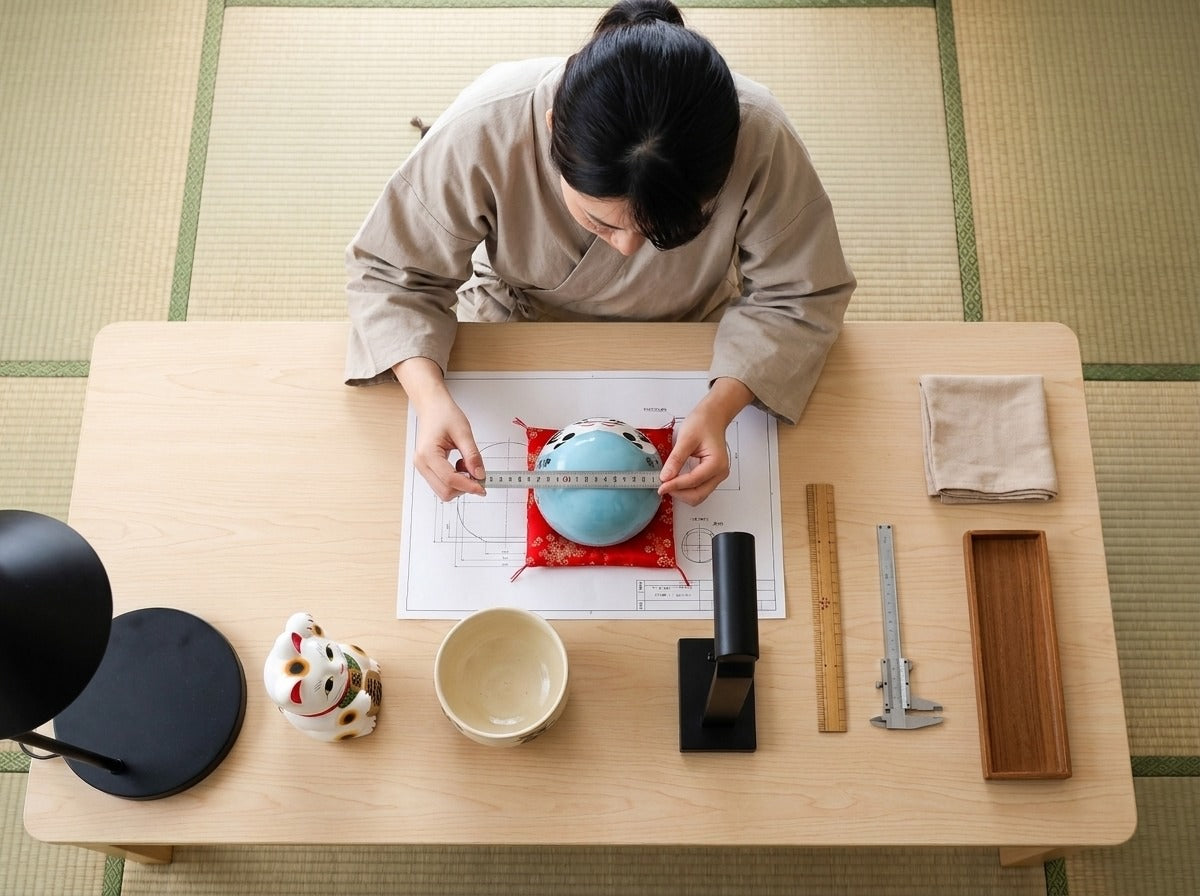 Overhead view of a woman in kimono measuring a ceramic daruma doll in pale blue on a red silk cushion against technical blueprints on a tatami worktable with precision tools