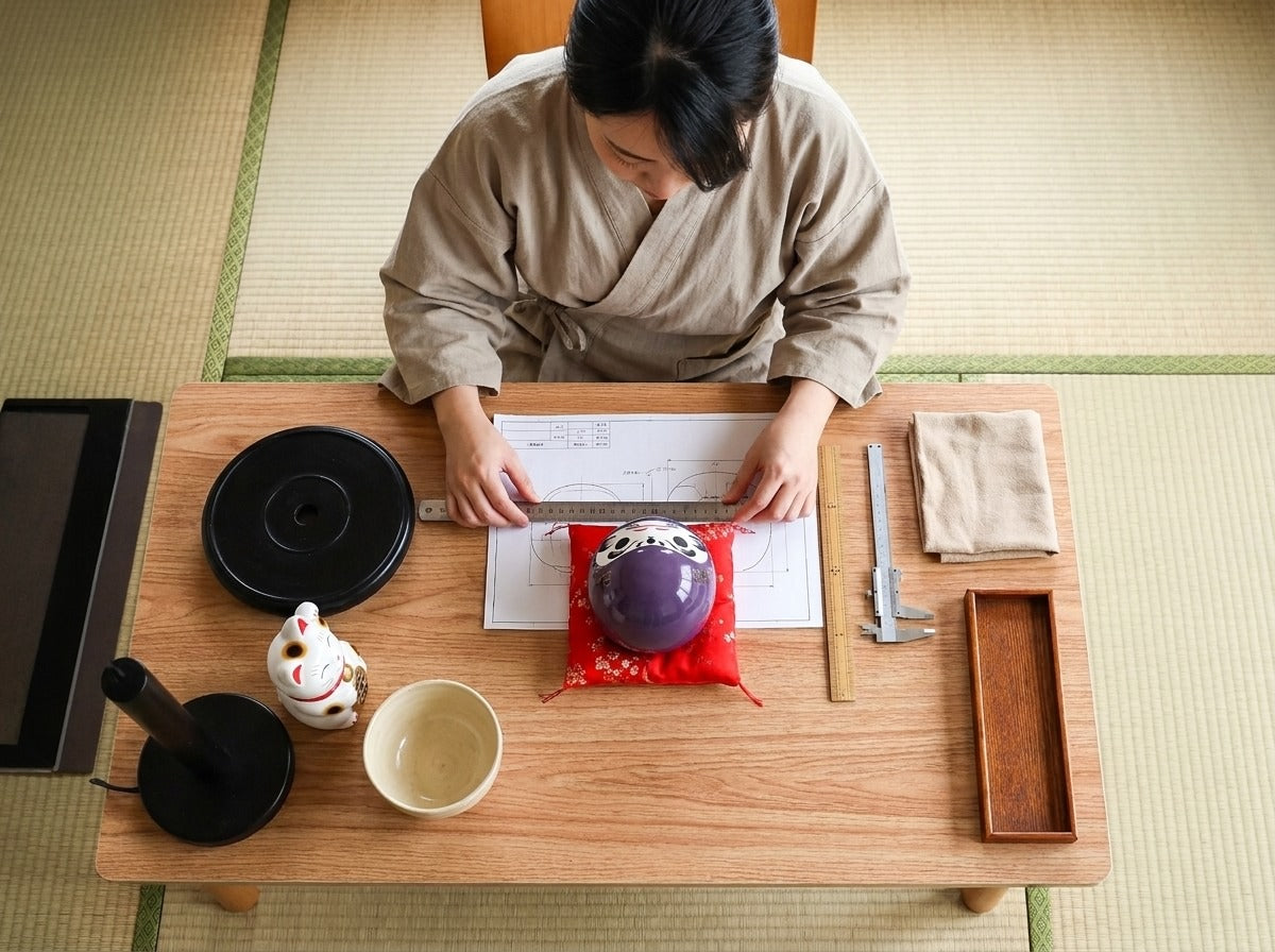 Overhead craftsmanship shot of a purple ceramic daruma doll on a red silk cushion, ruler and calipers for precise measurement, blueprint template and maneki neko figurine on wooden table
