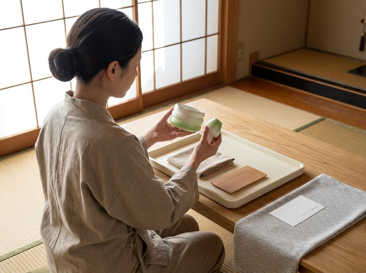 Artisan holding a ceramic matcha bowl with green and white ombre glaze alongside its small matching lid, tray with folded cloths on the tatami room table