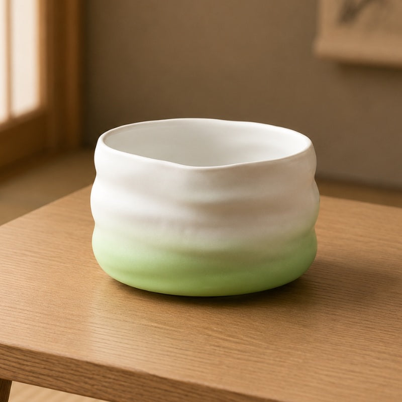 Ceramic matcha bowl with green-to-white gradient and irregular wavy rim placed on a light wood table in a Japanese interior
