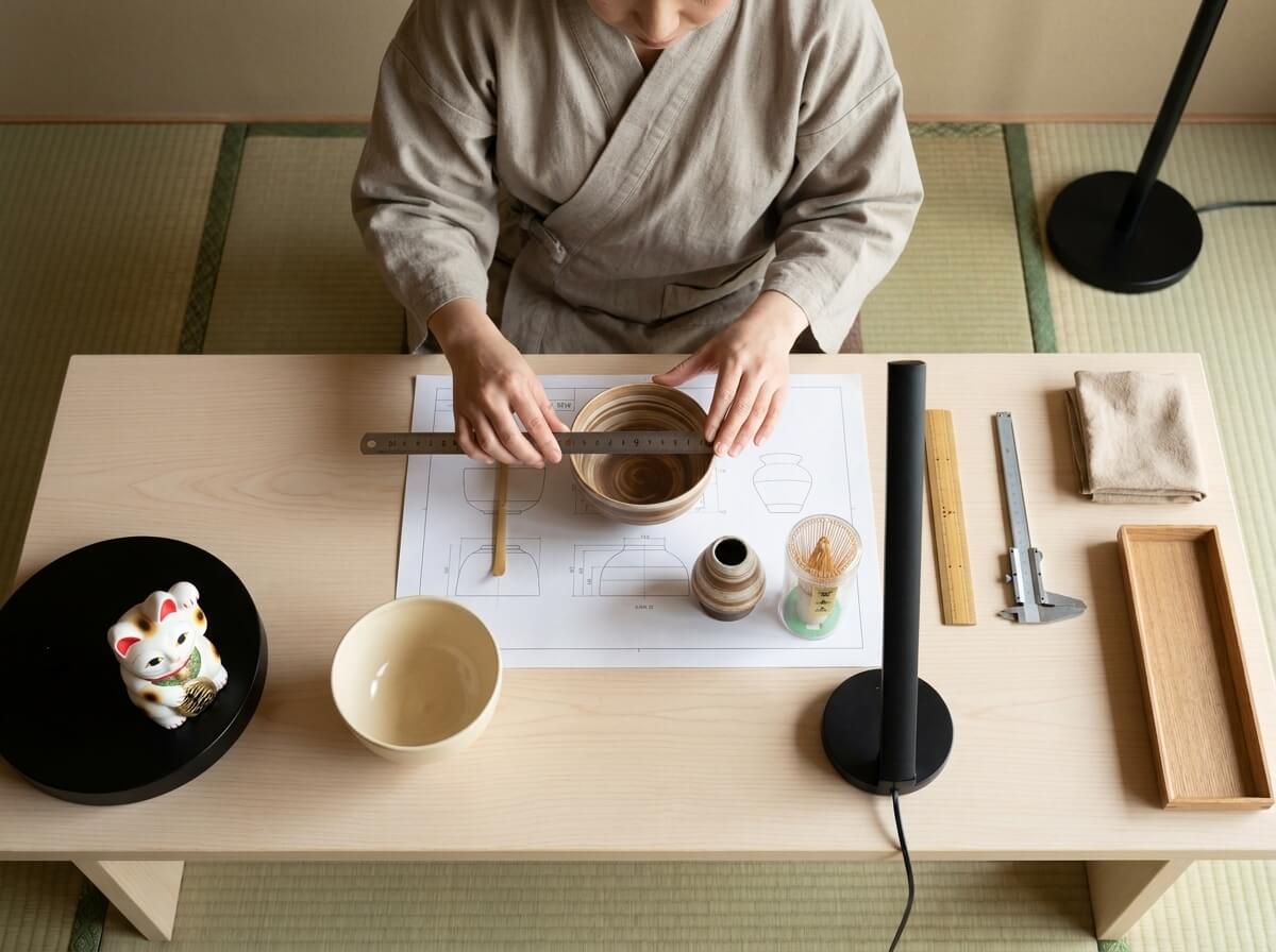 Woman in a linen apron cradling a swirled tan ceramic ceremonial matcha tea set, tray of bamboo whisk and scoop resting beside her in a sunlit tatami room
