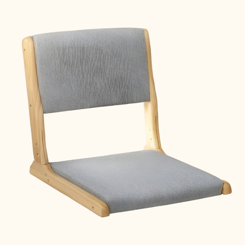Chair zaisu tatami with gray linen cushions and natural wood curved frame isolated on neutral background