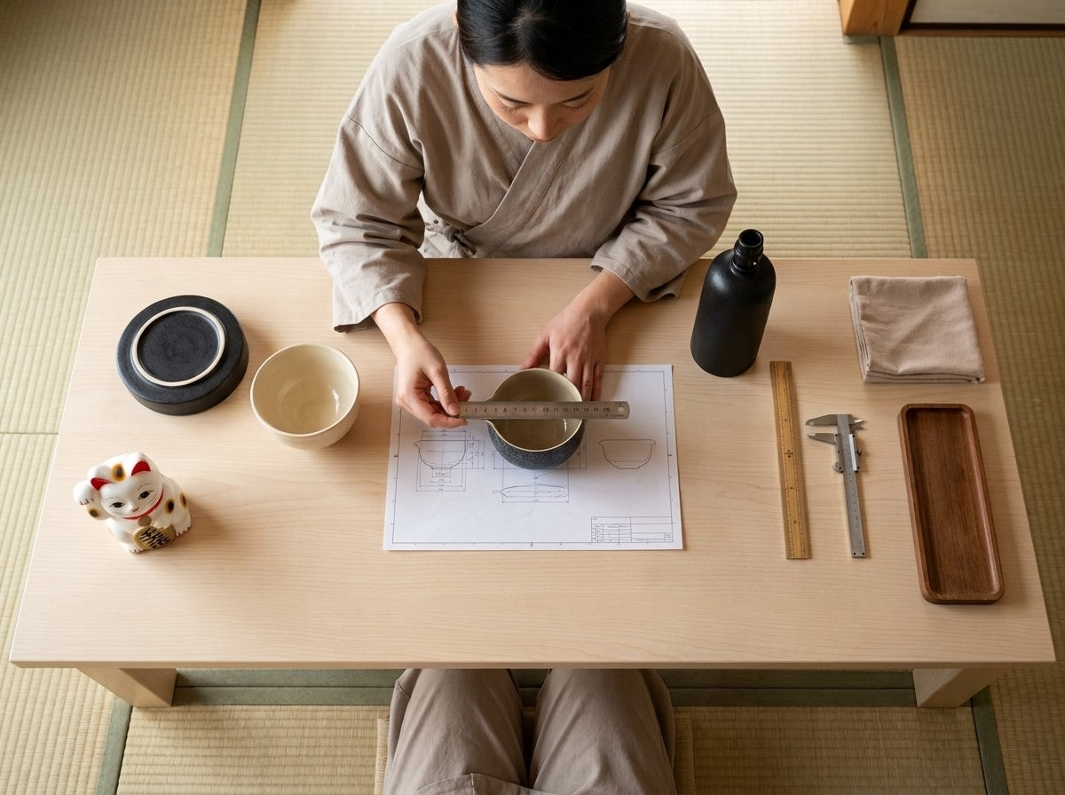 Overhead craftsmanship shot measuring a Japanese chawan matcha bowl with earthy cream glaze on a scale blueprint, maneki neko figurine and black sake bottle nearby