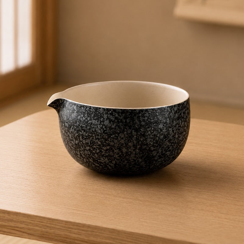Black speckled chawan matcha bowl with cream interior and small pouring spout on a light wood table, shoji window in the background