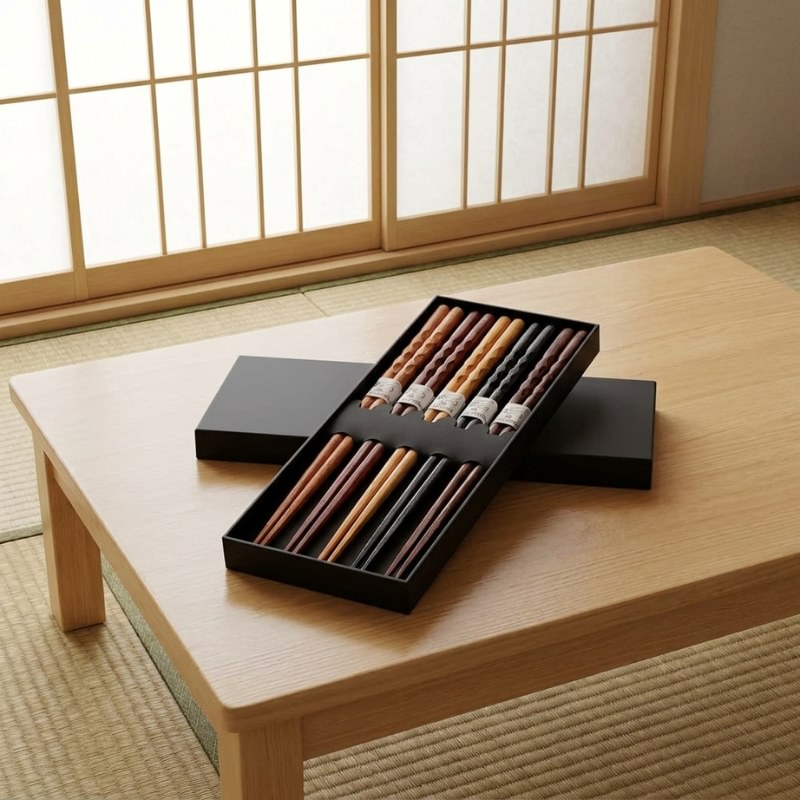 Black gift box of chopsticks bamboo style in assorted wood tones with twisted carved grip displayed on a low table in a traditional Japanese room with shoji doors and tatami floor