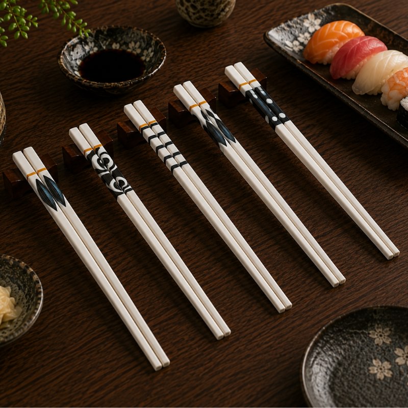 Five pairs of white ceramic chopsticks with varied black and gold decorative patterns on wooden holders, sushi and condiment bowls in the background on dark wood