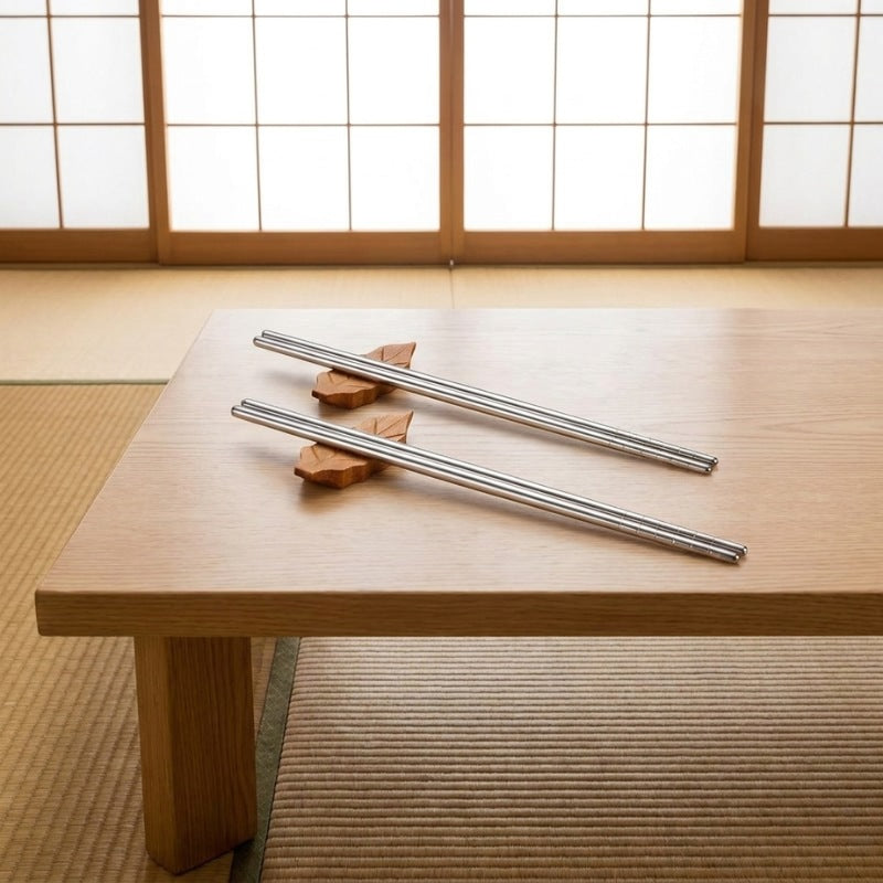 Two pairs of chopsticks metal stainless steel resting on leaf-shaped wooden holders on a low table in a minimalist Japanese room with shoji screens and tatami floor