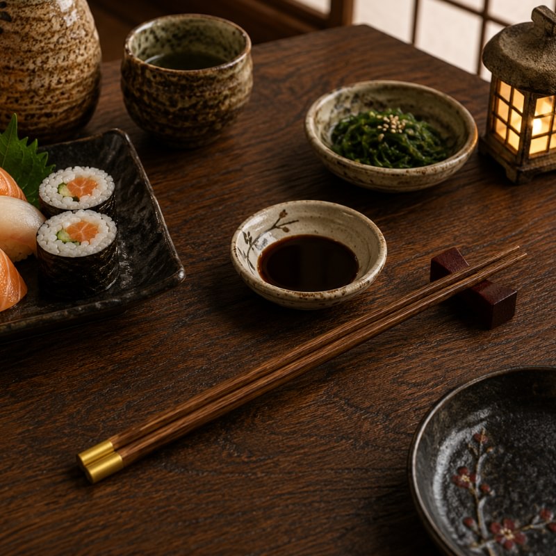 Pair of wooden chopsticks with gold tip resting on a small wooden holder beside soy sauce bowl and maki rolls on a dark Japanese table