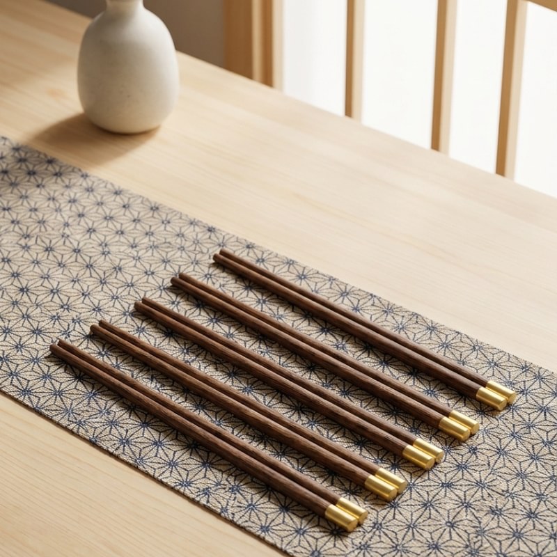 Five pairs of chopsticks wooden in dark walnut with gold brass caps laid on a Japanese geometric star pattern table runner with a ceramic vase in the background