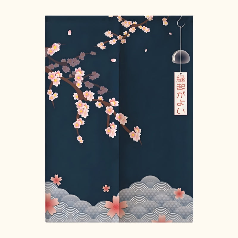 Elegant curtain noren blue with navy background pink cherry blossom branches falling sakura petals seigaiha waves and glass furin wind chime with omen-gaii kanji tag on white background