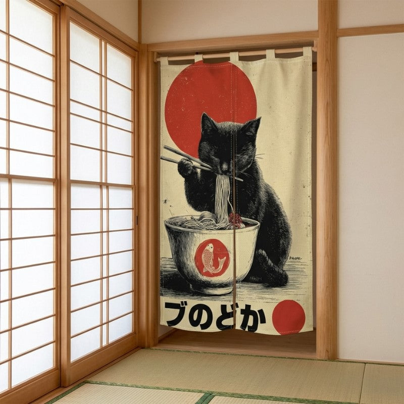 Traditional curtain noren door with black cat ramen red rising sun and koi bowl design hanging in authentic tatami room framed by light wood shoji sliding panels
