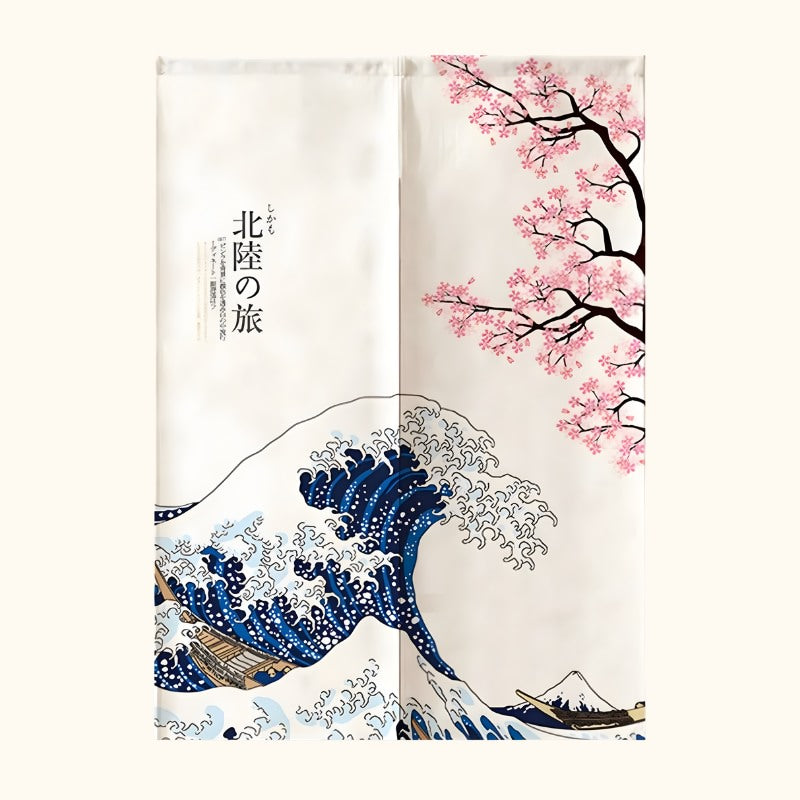 Traditional curtains noren japanese featuring Hokusai Great Wave with boats Mount Fuji and pink cherry blossom branch on white background with calligraphy text