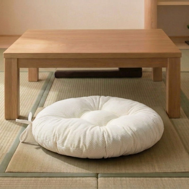 Placed in front of a low wooden table on tatami mats, this cushion for meditation in white color has a ribbon tie