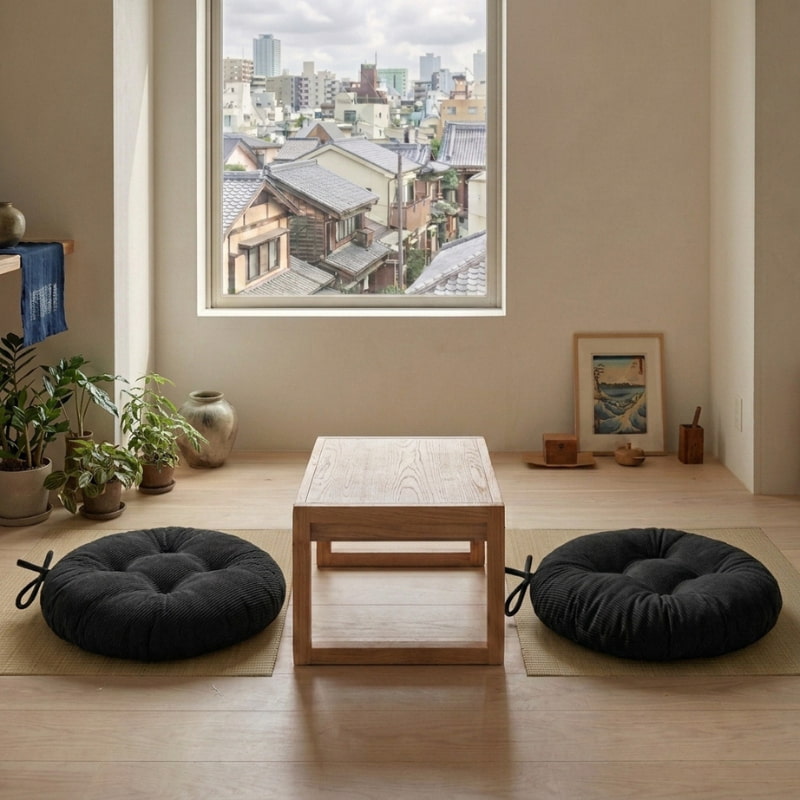 Two black cushions sit in a cushion meditation floor arrangement on either side of a low table with a city view