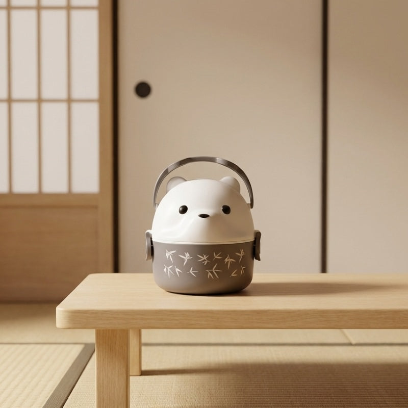Elegant cute bento box japanese white with botanical patterns on low wooden table in tatami room