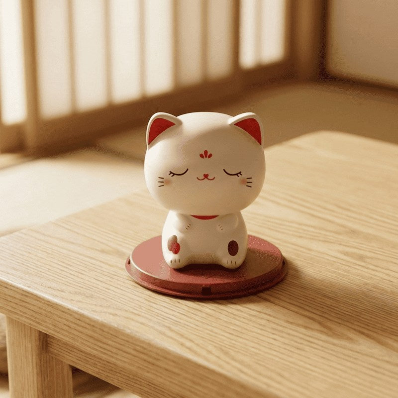 Serene cute maneki neko with closed eyes on wooden tatami floor catching warm natural sunlight from shoji window