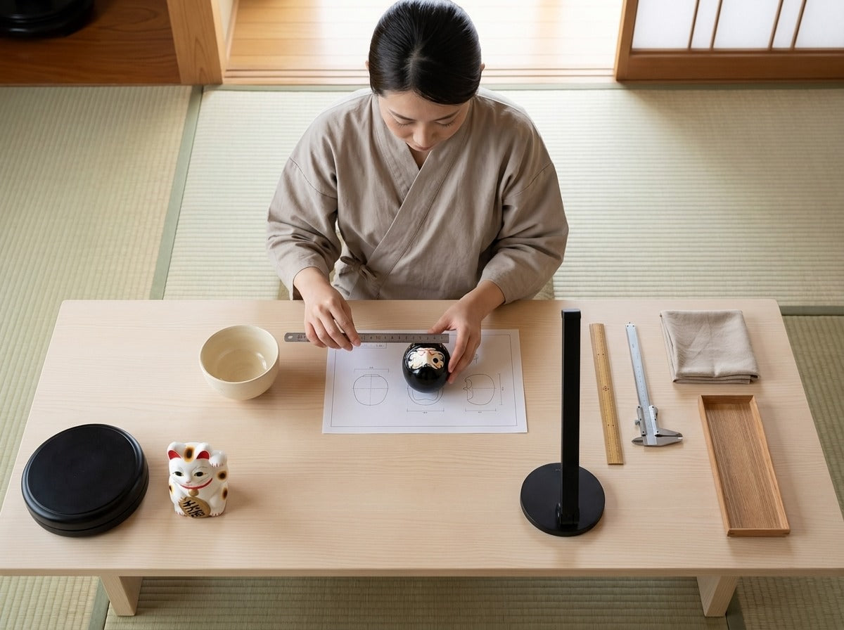 Overhead view of a woman in kimono measuring a small black daruma doll against technical blueprints on a tatami worktable with maneki-neko figurine and precision tools