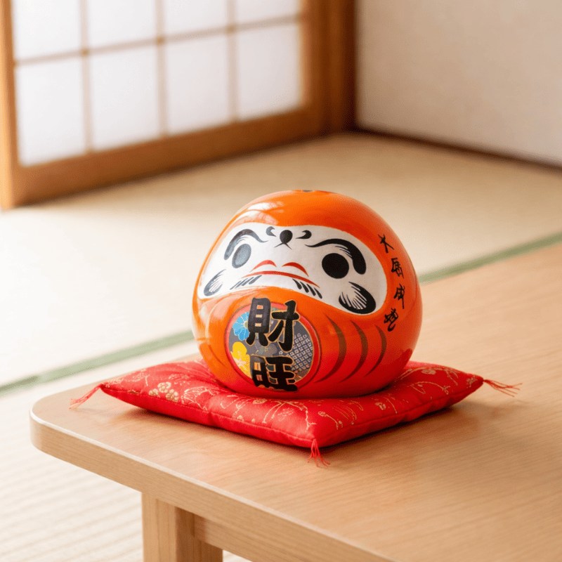 Vibrant orange daruma ceramic japanese with traditional kanji belly resting on red silk cushion near tatami floor and shoji screen in peaceful room setting