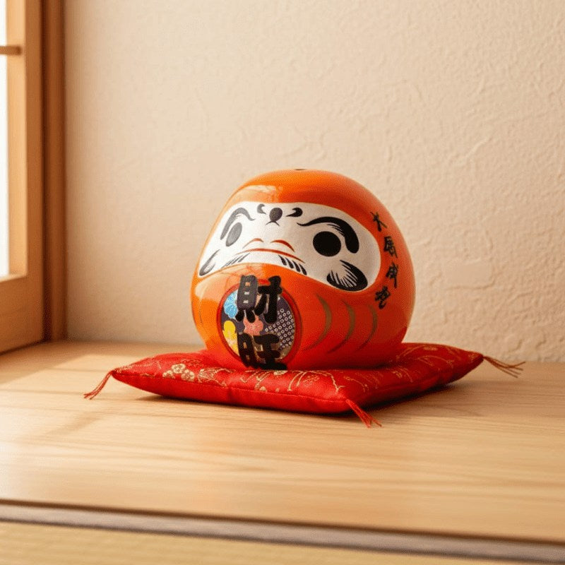 Business prosperity daruma ceramic in bright orange glaze sits on decorative red cushion near wooden shelf with warm natural sunlight from traditional window