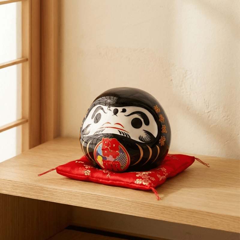Protective daruma doll black with golden accents sitting on ceremonial red cushion near traditional shoji screen window with natural afternoon sunlight