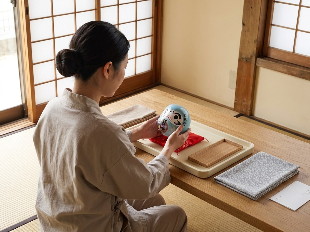 Woman in linen apron carefully holding a large blue ceramic daruma doll with painted crane motifs resting on a red silk cushion in a bright Japanese tatami room