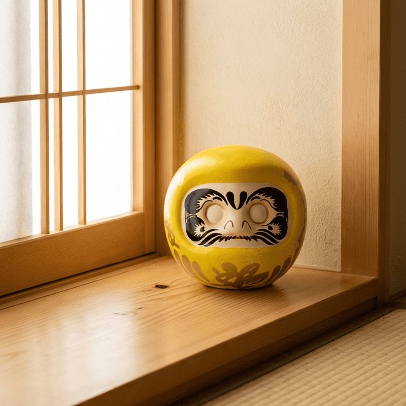 Golden ceramic daruma doll Japan yellow on wooden shelf by traditional shoji screen window with warm natural sunlight filtering through