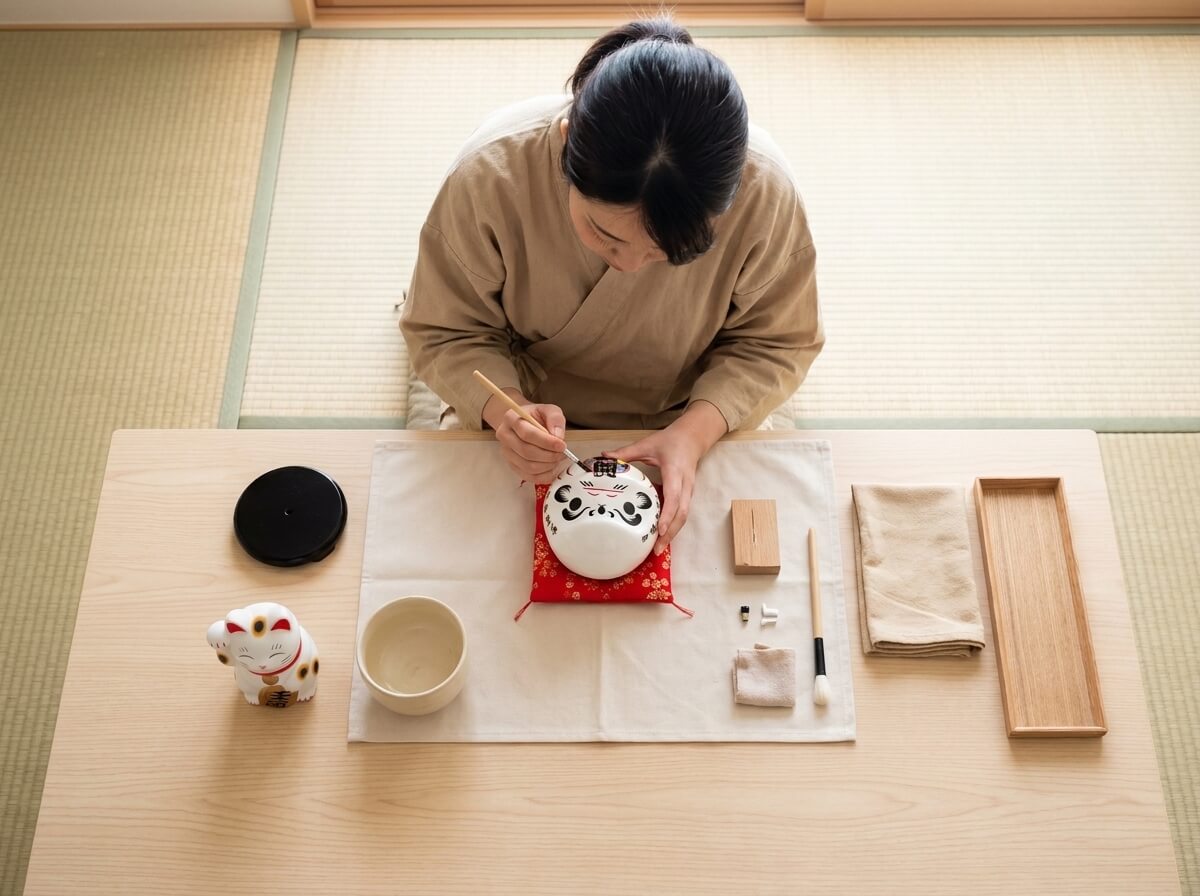 Craftsperson hand-painting the kanji eyebrow marking on a white daruma doll with a fine brush, seated at a table with maneki neko figurine, ceramic bowl, and wooden tray