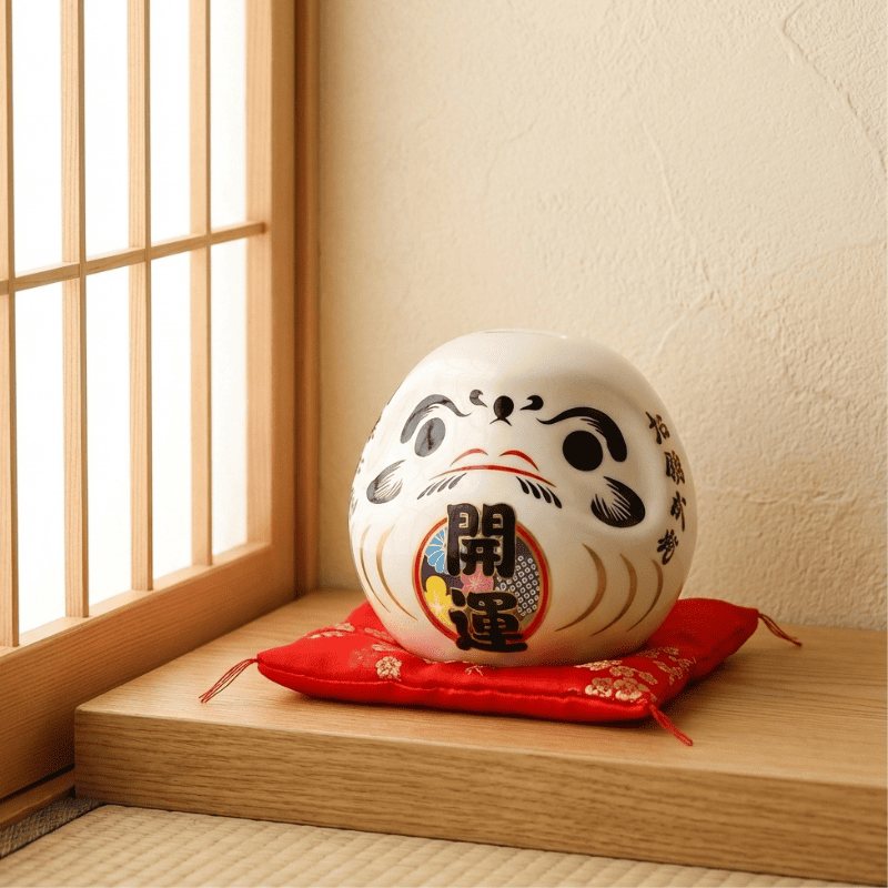 Serene white daruma doll kanji with traditional characters for peace placed on red silk cushion beside shoji screen window with warm natural sunlight