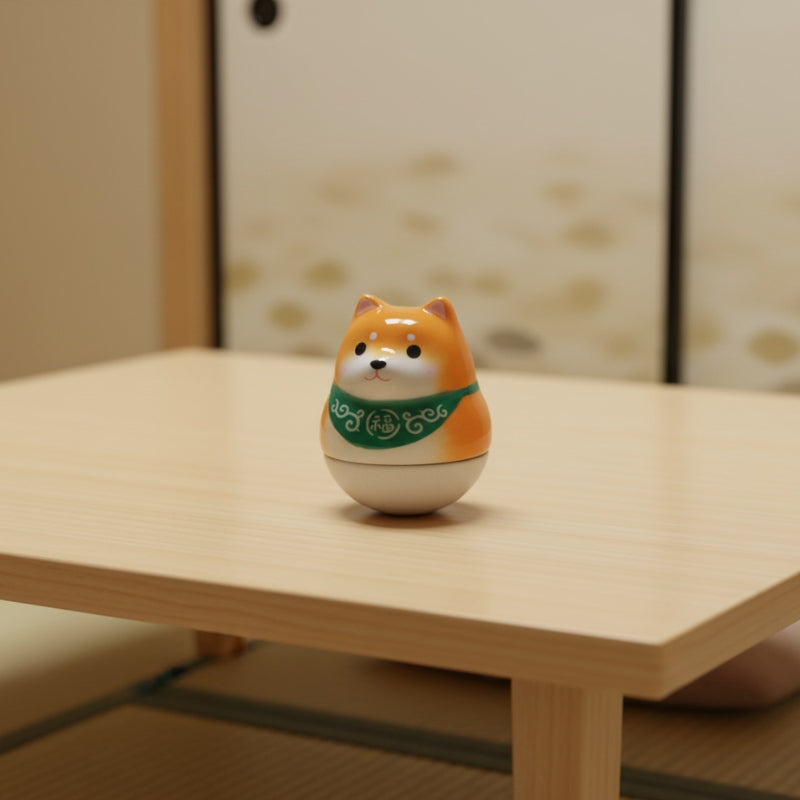 Cheerful daruma doll shiba japanese in orange with prosperity scarf on white surface in soft lighting