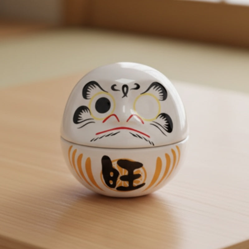 Ceramic daruma japan with painted facial features and fortune kanji displayed on natural wood surface closeup view