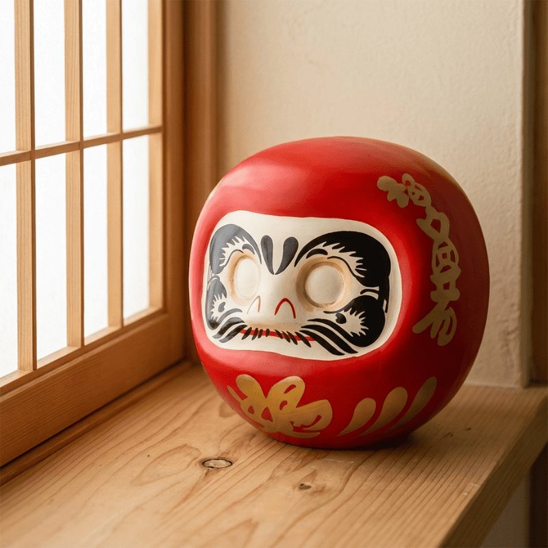 Bold daruma Japanese red fortune keeper with blank eyes and gold details displayed on natural wood shelf near traditional sliding door window
