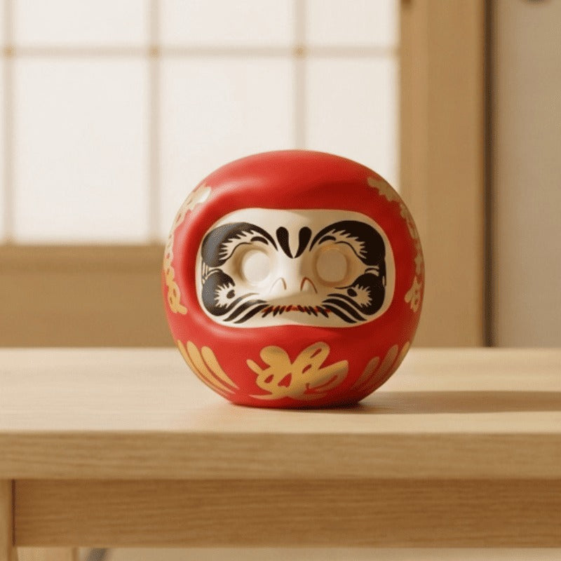 Traditional daruma Japanese ceramic in vibrant red with golden decorative patterns sits on wooden table beside shoji screen in peaceful tatami room