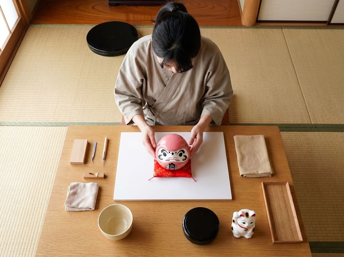 Craftsperson positioning a pink traditional daruma doll on its red brocade cushion, with carving tools, ceramic bowl, maneki neko figurine, and wooden tray arranged on a tatami table